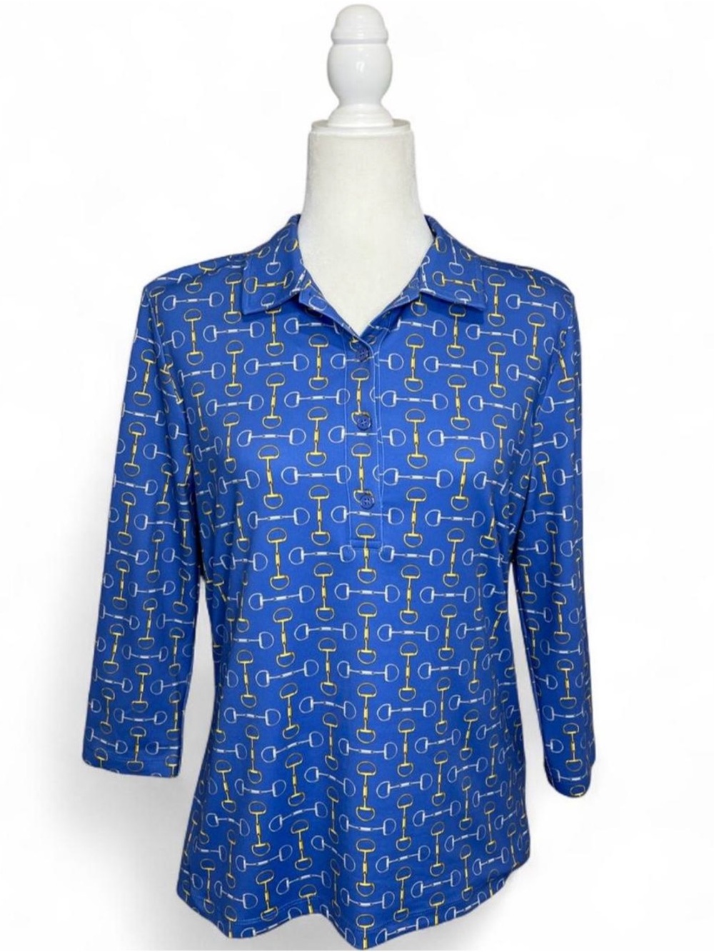 J.McLaughlin 3/4 Sleeve Blue Equestrian style collared top